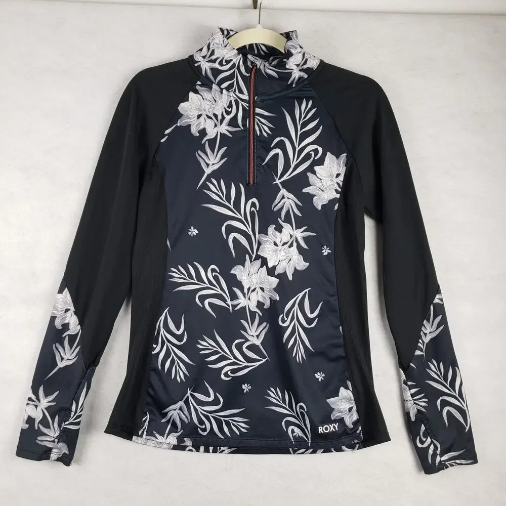 Roxy Women's M Long Sleeve Rash Guard Sun Shirt Black White Floral‎ Hawaiian